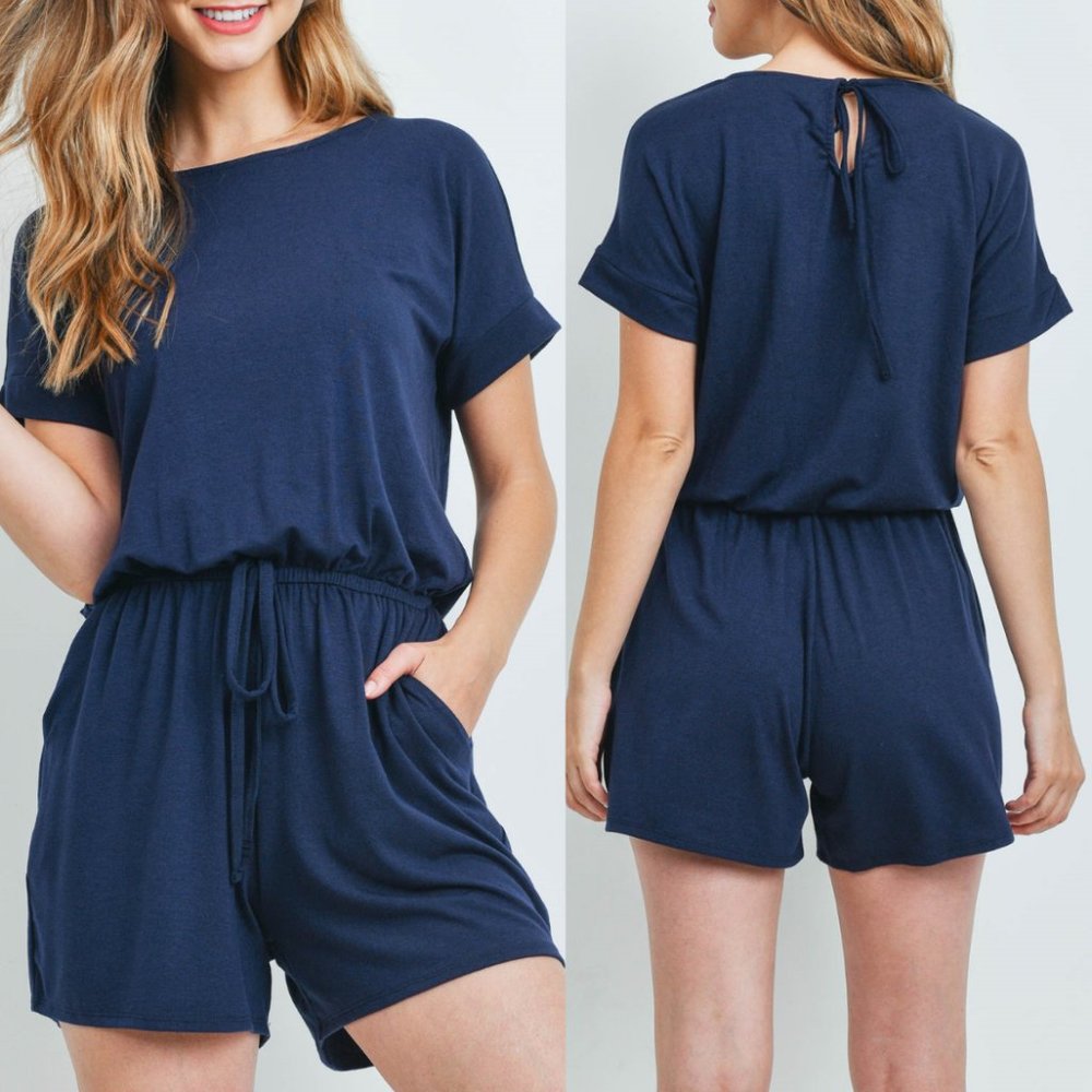 Navy Waist Tie Romper {Zenana} - Picture 1 of 5